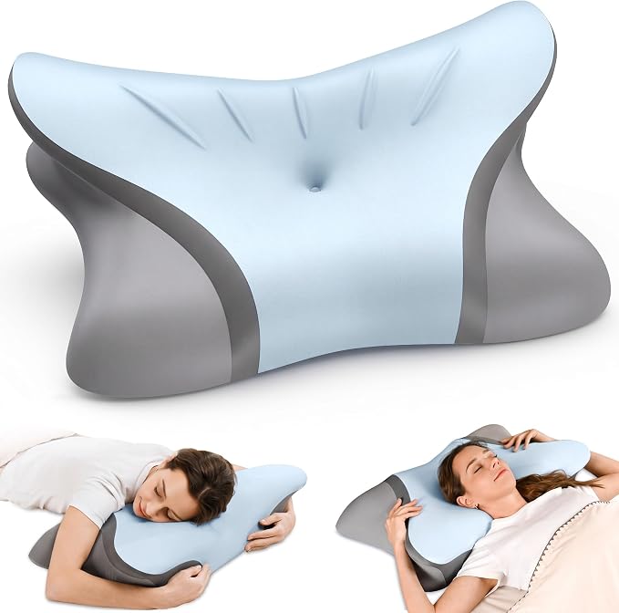 Pain Relief Cervical Neck Pillow, Ergonomic Contour | Q-Max Cooling | Non-Temperature Memory Foam | Side/Back/Stomach Sleeper Support for Sleeping, Reading, Scrolling (Blue & Dark Grey)
