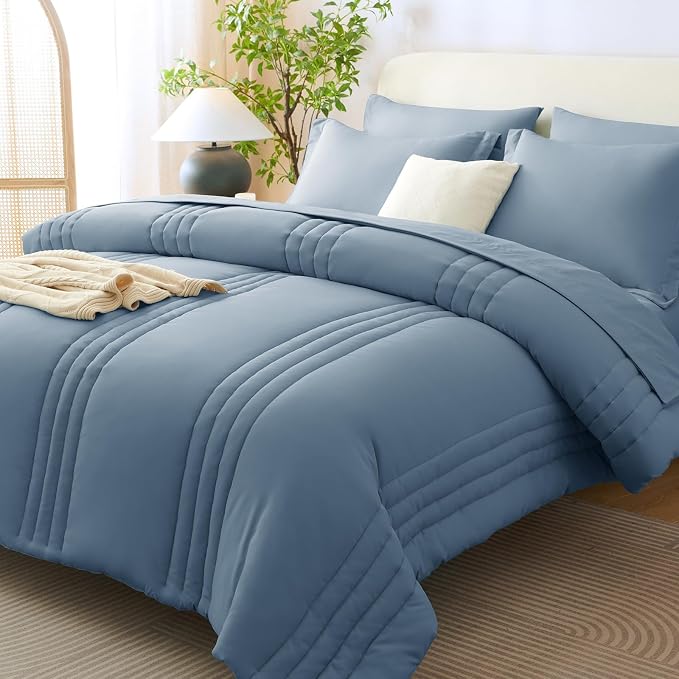 King Size Comforter Set Grayish Blue- 7 Pieces Bed in a Bag | OEKO-TEX Certified, 240GSM Down-Alternative Comforter, 14" Deep-Pocket Sheets, Shams & Pillowcases, Lightweight