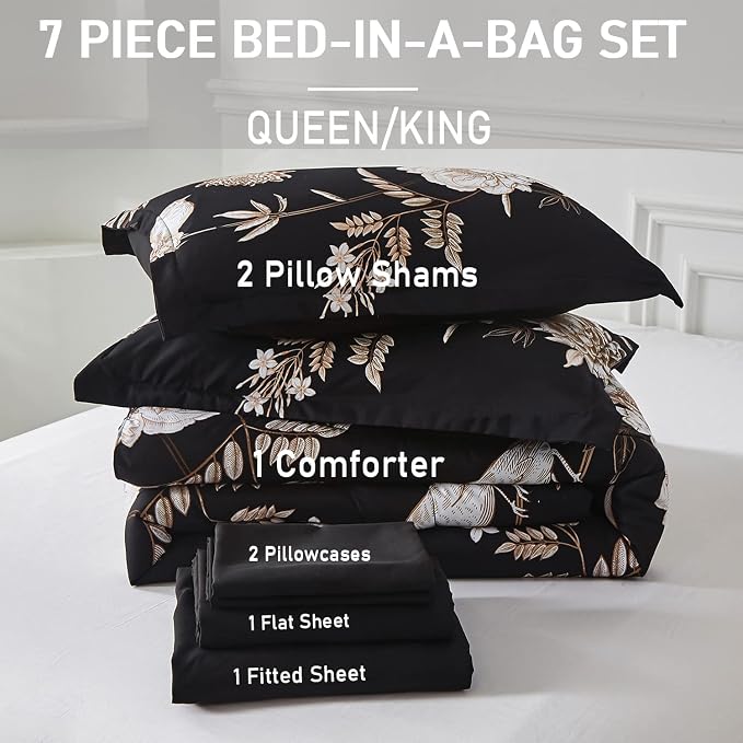 Yogeneg 7 Piece Bed in a Bag Kingsize Comforter Set Botanical Floral Bedding Set,Flower Leaf Brid Printed on Black Reversible Design,Soft Microfiber Comforter with Sheet Set,All Season(Black B,King)