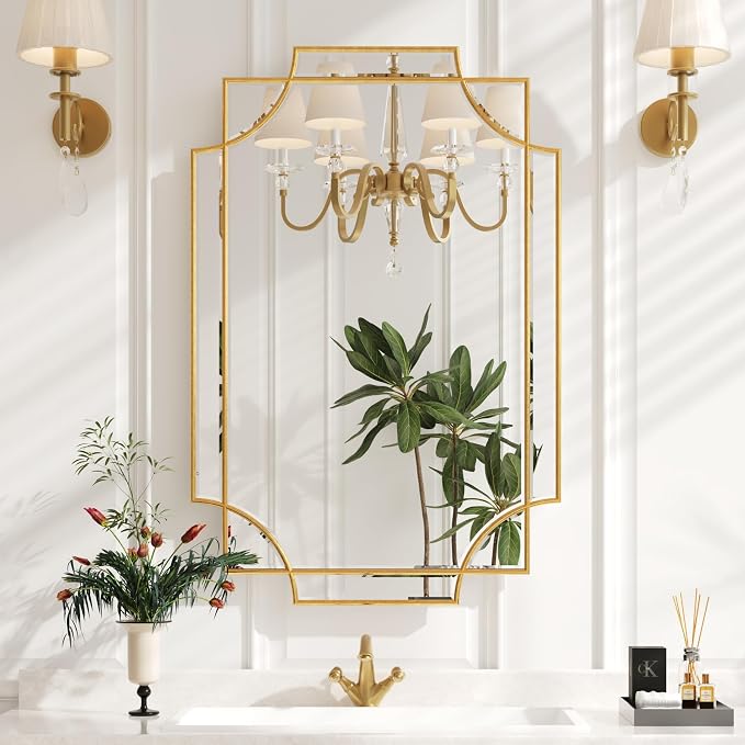 Kelly Miller 24"x36" Gold Foil Scalloped Edge Decorative Vanity Wall Mirror | Hand-Applied Gold Foil Finish. HD Mirror With French Cleat. Elegant Beveled Wall Mirror Decor For Bathroom Bedroom Entryway.