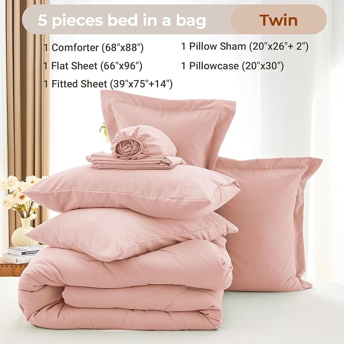 5 Pieces Twin Comforter Set, Soft Bed in a Bag Twin Size, All Season Bedding Set with Comforter, Flat Sheet, Fitted Sheet, Pillowcases & Shams, Rose Gold