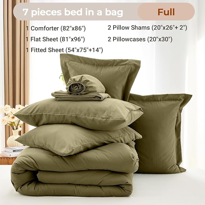 7 Pieces Full Comforter Set, Soft Bed in a Bag Full Size, All Season Bedding Set with Comforter, Flat Sheet, Fitted Sheet, Pillowcases & Shams, Olive Green