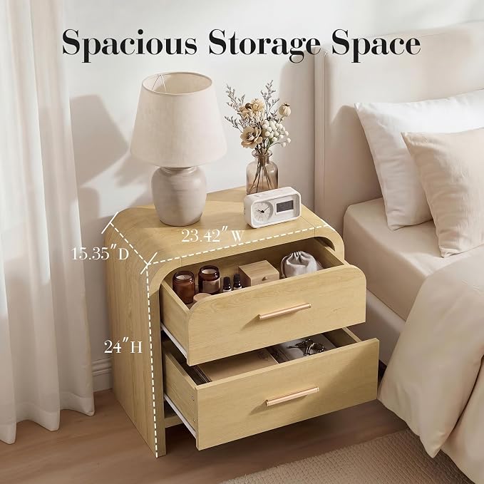 Night Stand [Unique Curved Profile] [FSC-Certified Wooden Board] 2-Drawer Nightstand 24" H Metal Handle Modern Sturdy Bedside Table Side Table End Table | [Curved Profile] [FSC-Certified Wooden Board] Nightstand 24" H Metal Handle Modern Bedside Table ...