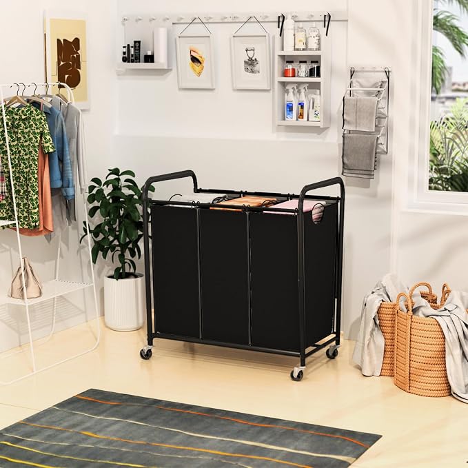 180L Laundry Sorter 3 Section, Rolling Laundry Basket with Wheels and Lid | 47.55 Gal Laundry Hamper, 3 Separated Removable Bags, Lockable Wheels, Dirty Clothes Hamper for Laundry Room Organizer, Black