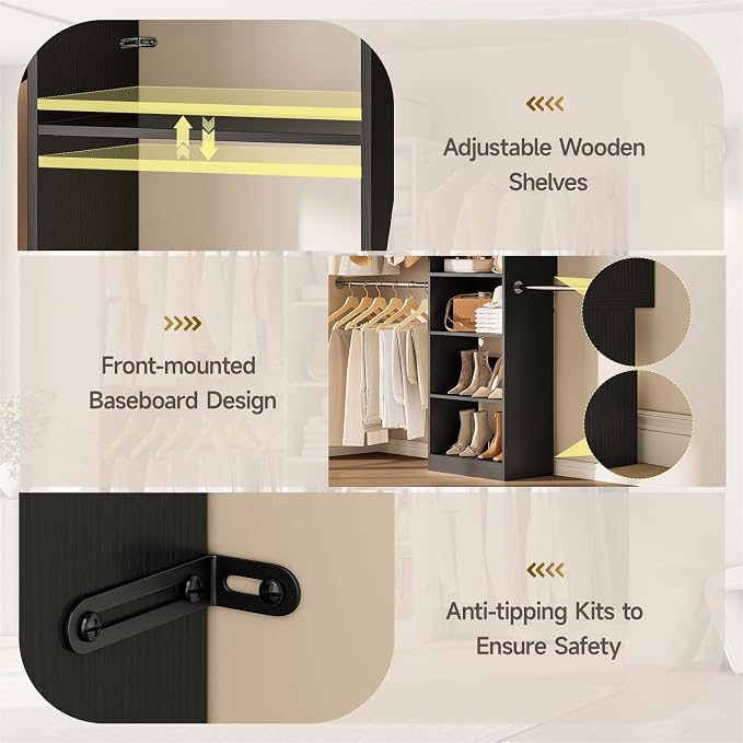 ONBRILL W1 3.5FT-7.7FT Closet System with 4 Chrome-Plated Telescopic Rods | Modular Closet Organizer System with 6 Adjustable Shelves, Custom Wood Walk-In & Reach-In Closet Organizer, Wall Mount, Black