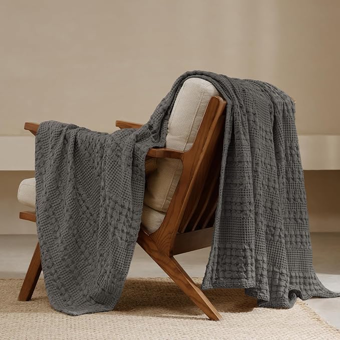 PHF Lightweight 100% Cotton Waffle Throw Blanket for Couch, Charcoal Grey | Pre-Washed Soft Cotton Comfort, Breathable Layering Warmth for Fall & Winter, Office, Travel, Sofa, Home Decor & Gifts