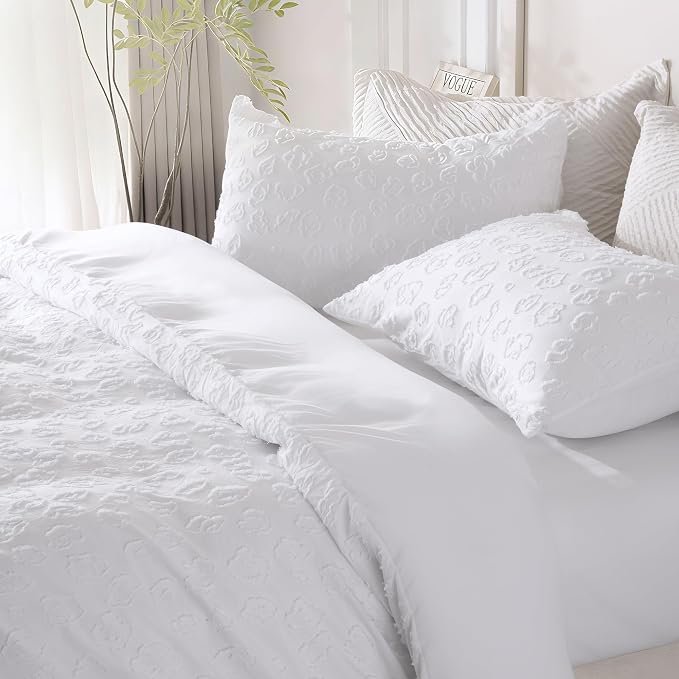 White Leopard Print Textured Tufted Duvet Cover Set, 2 Pieces Super Soft Comforter Cover Bedding Set Breathable Cozy Bedding Set Twin, Includes 1 Duvet Cover, 1 Pillowcase (Jacquard White, Twin Size)