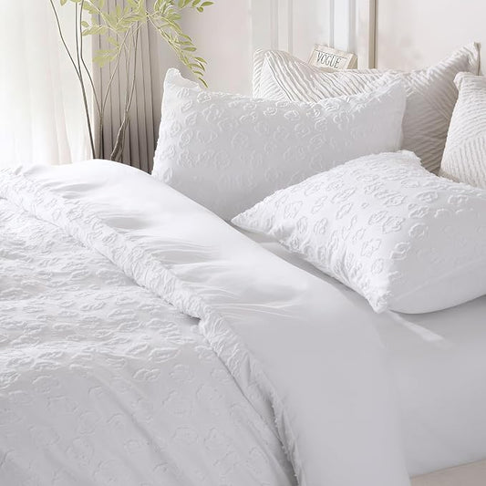 White Leopard Print Textured Tufted Duvet Cover Set, 2 Pieces Super Soft Comforter Cover Bedding Set Breathable Cozy Bedding Set Twin, Includes 1 Duvet Cover, 1 Pillowcase (Jacquard White, Twin Size)