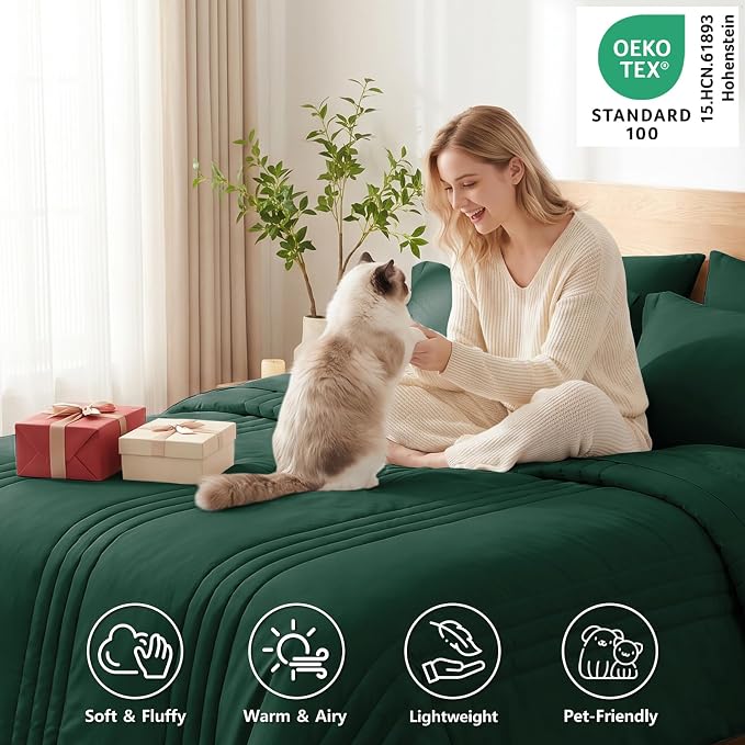 Oversized King Comforter Set Emerald Green- 7 Pieces Bed in a Bag | OEKO-TEX Certified, 240GSM Down-Alternative Comforter, 14" Deep-Pocket Sheets, Shams & Pillowcases, Lightweight