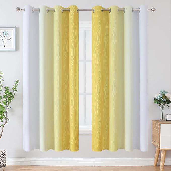 Yellow and Greyish White Ombre Blackout Curtains for Living Room 72 Inch | Estelar Textiler Room Darkening Curtains for Bedroom, Thermal Insulated,Energy Saving Grommet Window Drapes,52Wx72L,2 Panels