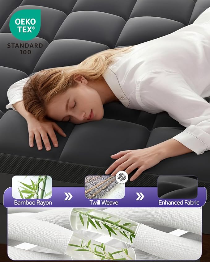 Dual Layer 5 Inch Memory Foam Mattress Topper King | 3 Inch Pillow Top Mattress Pad Cover and 2 Inch Gel Memory Foam, 7-Zone Egg Crate & 2-in-1 Design (Black)