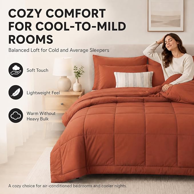King Size Comforter Set Terracotta - 7 Pieces Orange Bed in a Bag | OEKO-TEX Certified, All-Season, Bedroom, Guest Room, Down-Alternative Comforter + Flat & Fitted Sheets + 4 Pillowcases