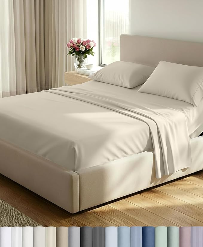 California Design Den 100% Cotton Sateen Split King Sheet Set, 5 Pcs, Beige | 500 Thread Count with Good Housekeeping Seal, Split King Sheets Sets for Adjustable Bed with 2 Separate Twin-XL Mattresses