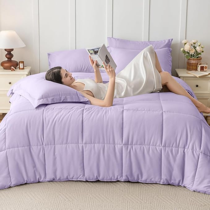 JOLLYVOGUE Twin Comforter Set, Ultra-Soft Bed in a Bag Twin Size 5 Pieces, Oeko-TEX Certified Bedding Set with Down Alternative Comforter, Sheets, Pillowcases & Shams, Lavender