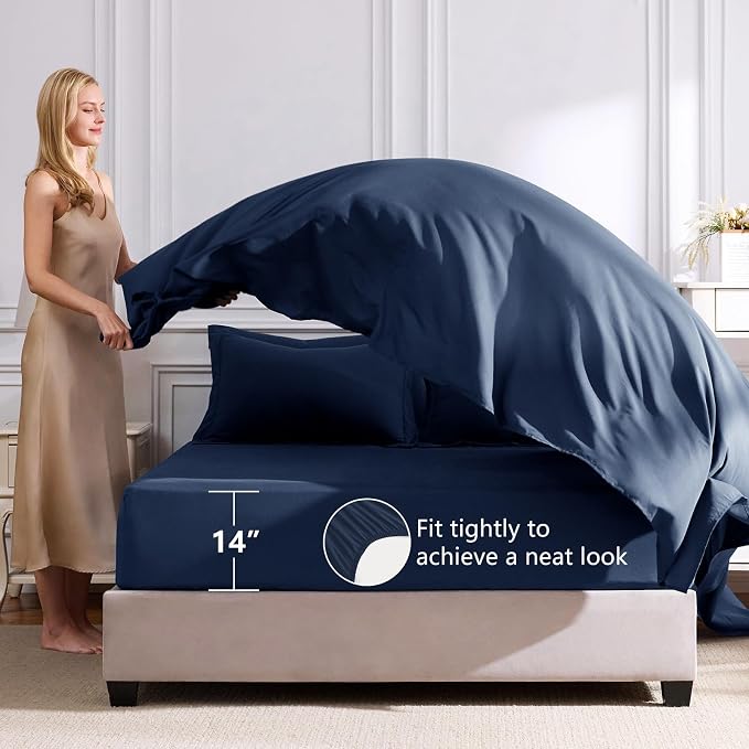 Super King Plus Comforter Set Navy - 7 Pieces Bed in a Bag | OEKO-TEX Certified, All Season, 240GSM Down-Alternative Comforter, Sheets, Pillowcases & Shams, 14" Deep Pocket, Easy Care
