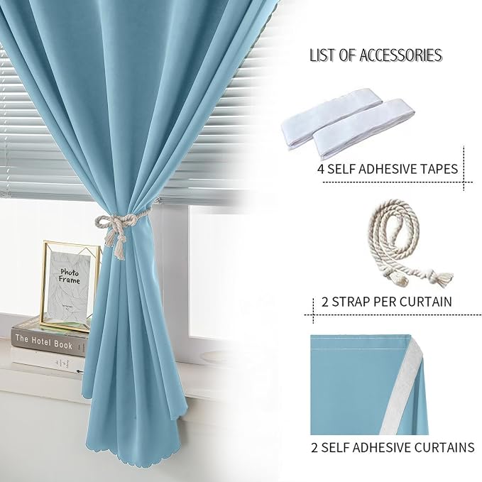 Instant Blackout Window Curtain with Reusable Adhesive, Thermal Insulated Fabric for RV Camper Small Windows, 71" W x 72" L, Lake Blue, 2 Panels