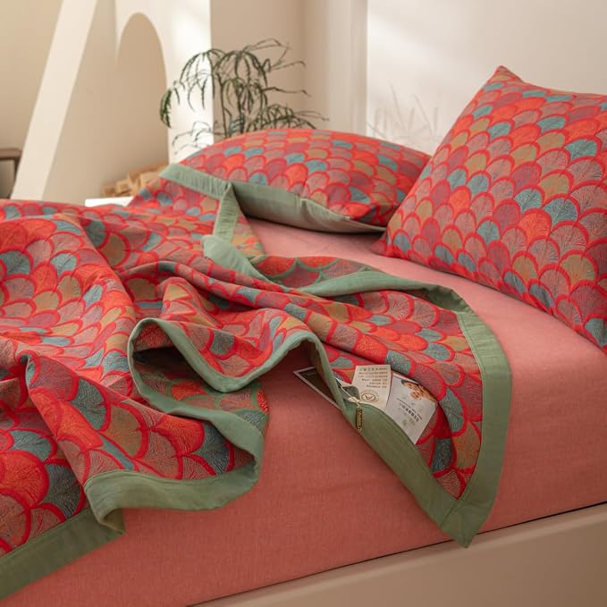 100% Cotton Muslin Blanket Jacquard Rustic Mermaid Fish Scales Print Quilt, Soft Bed Cover Reversible Bedspread Coverlet Breathable Lightweight Bedding Full/Queen(78"x94"), No Pillow Sham