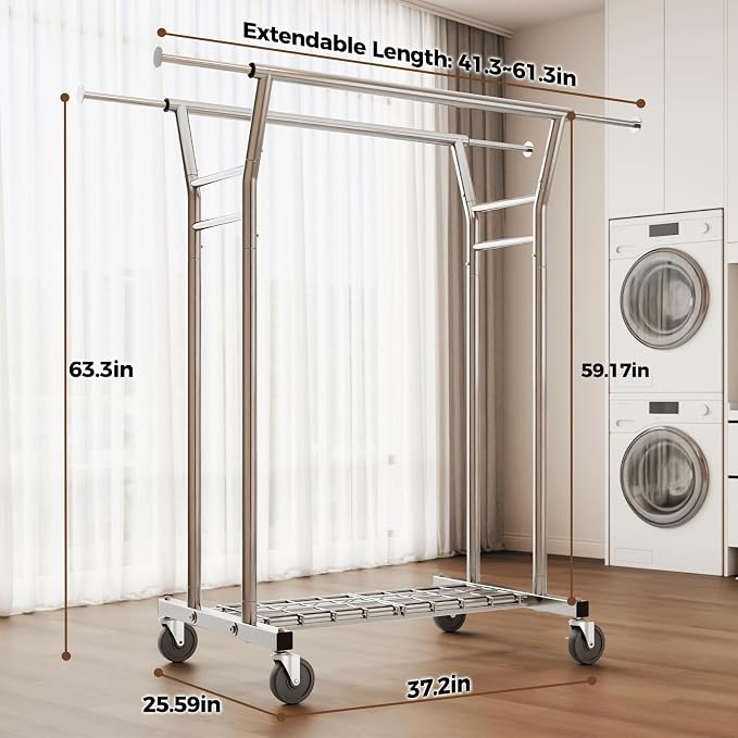 HYSEYY Heavy Duty Clothes Rack, Rolling Clothing Rack for Hanging Clothes with Shelves Load 700LBS,Portable Garment Wardrobe Closet Rack with Wheels for Bedroom,Laundry Room,Retail Store,Silver