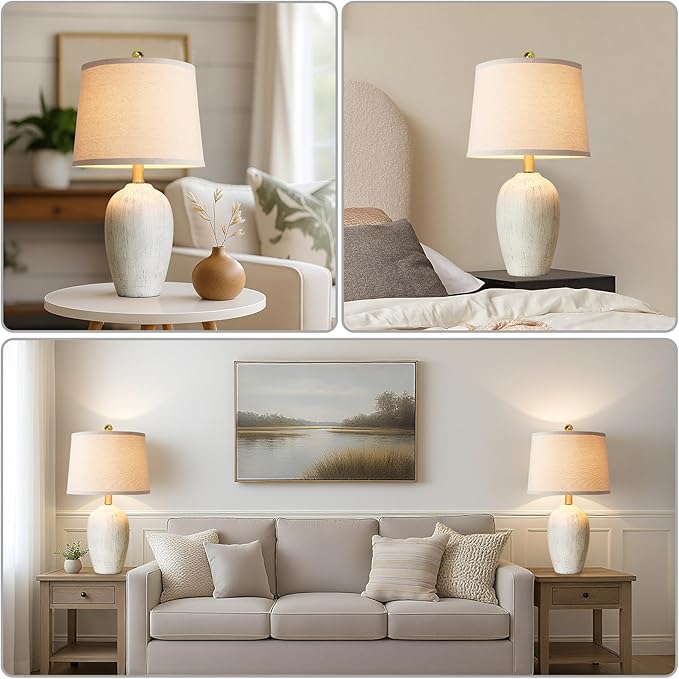 AIEAMPDO 21'' Set of 2 Rustic Ceramic Small Table Lamps for Bedroom | Farmhouse Vintage Nightstand Lamps for Living Room Office Entryway End Table, 2 Bulbs Included