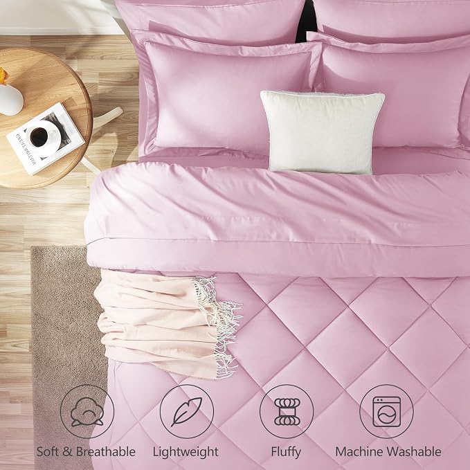 Full Size Comforter Sets Light Pink - 7 Pieces Complete Bedding Set | OEKO-TEX Certified, All Season, 240GSM Down-Alternative Comforter, Sheets, Pillowcases & Shams, 14" Deep Pocket, Easy Care