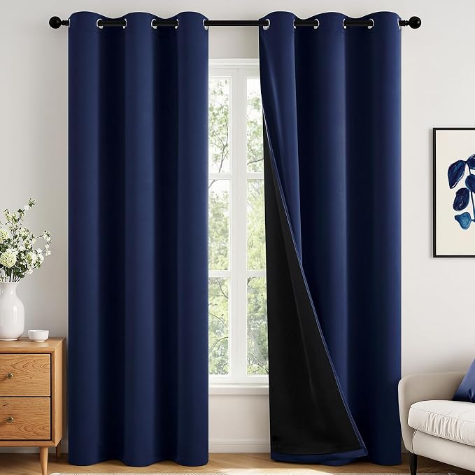 MIULEE Navy Blue 100% Blackout Curtains for Bedroom 40x84 Inch Long | 2 Thick Layers Thermal Insulated Window Curtains with Black Liner, Noise Reducing Grommet, Drapes for Living Room, 2 Panels