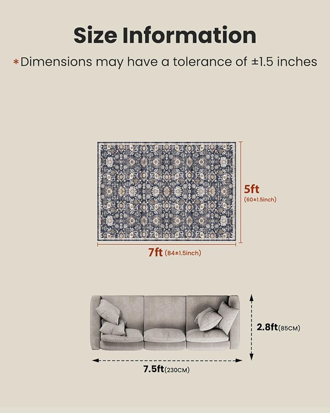 AMADA HOMEFURNISHING 5x7 Area Rugs, Washable Living Room Rug Low-Profile with Non-Slip Backing & Durable Edge Binding, Vintage 5x7 Rugs for Living Room, Bedroom, Dining Room