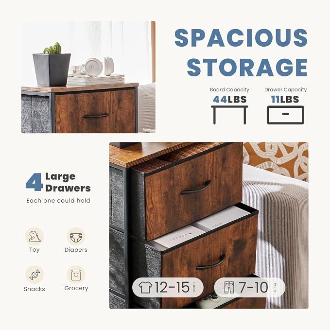 DUMOS Nightstand, Bedside Table with 4 Fabric Drawers | Night Stand with Removable Bins, Sturdy Steel Frame Wood Top, Organizer Furniture for Bedroom Closet, Living Room, Brown