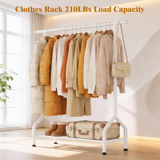 Sturdy Clothing Racks with Shelf, Metal Clothes Rack with Leveling Feet for Hanging Clothes, Freestanding Garment Coat Rack for Bedroom, Apartment & Small Spaces, White
