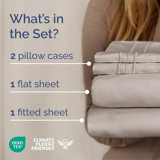 Queen Size 4 Piece Sheet Set - Breathable & Cooling Sheets - Light Grey | Hotel Luxury Bed Sheets for Women & Men, Deep Pockets, Easy-Fit, Extra Soft and Wrinkle Free Sheets, Oeko-Tex Bed Sheet Set
