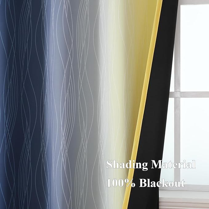 Navy Blue and Yellow Ombre Blackout Curtains for Living Room 84 Inch Long | Estelar Textiler Room Darkening Gradient Curtains for Bedroom,Thermal Insulated,Energy Saving Grommet Drapes,52Wx84L,2 Panels