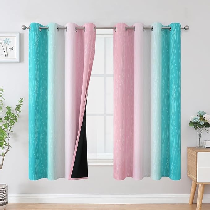 Pink and Teal Ombre Blackout Curtains for Bedroom 63 Inch | Gradient Kids Room Darkening Curtains,Thermal Insulated,Light Blocking Grommet Window Drapes for Living Room,52Wx63L,2 Panels