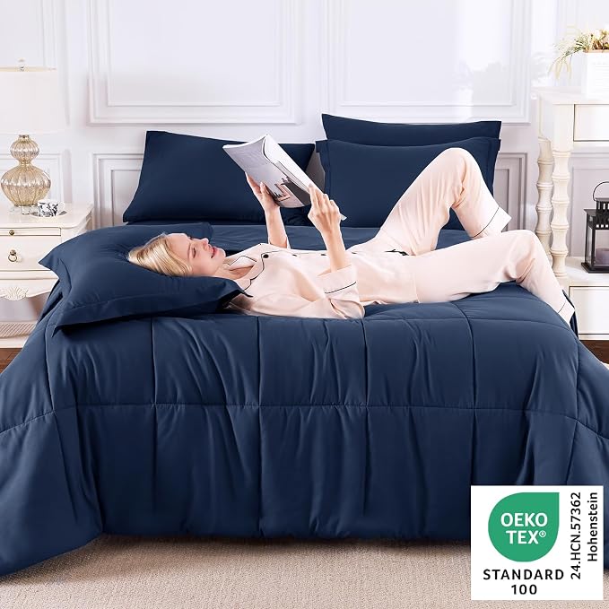 Full Size Comforter Sets, 7-Piece Bed in a Bag, Navy Blue | OEKO-TEX Certified, Box-Stitched Design, 240 GSM Down Alternative Fill, All-Season Comfort, Sheets, Pillowcases & Shams