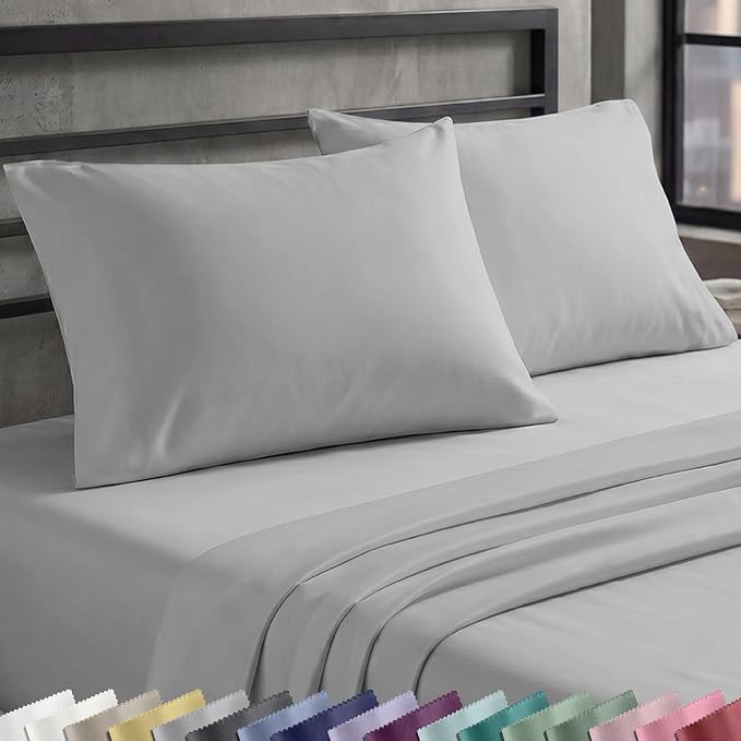 Soft Natural 100% Cotton Sateen King Bed Sheets, 4 Pc Set, Light Grey | Backed by Good Housekeeping Seal, Light & Breathable For Hot Sleepers, 14" Deep Pocket, All-Around Elastic, Durable