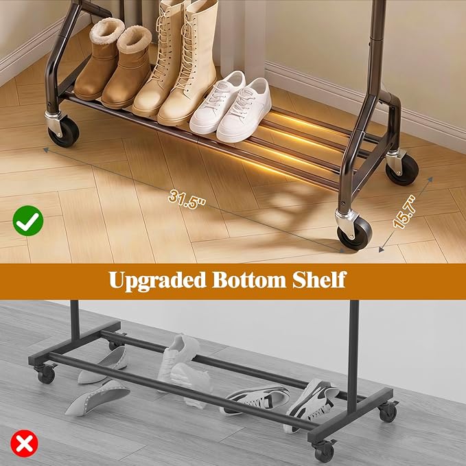 Rolling Clothes Rack with Shelf, Garment Rack Load 210Lbs, Black | Sturdy Bottom Shelf, Lockable Wheels, Heavy Duty, Freestanding Rack, for Bedroom, Laundry, Small Spaces