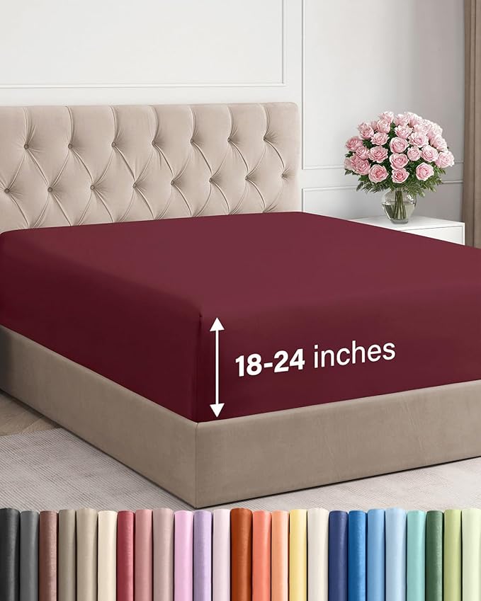Extra Deep Queen Fitted Sheet - Single Fitted Sheet Only - Burgundy | Easily Fits 18 inch to 24 inch Mattress, Soft, Wrinkle Free, Breathable & Comfy, Extra Deep Pockets Hotel Luxury Fitted Sheet