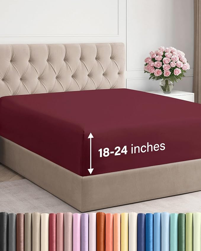 Extra Deep Full Fitted Sheet - Single Fitted Sheet Only - Burgundy | Easily Fits 18 inch to 24 inch Mattress, Soft, Wrinkle Free, Breathable & Comfy, Extra Deep Pockets Hotel Luxury Fitted Sheet