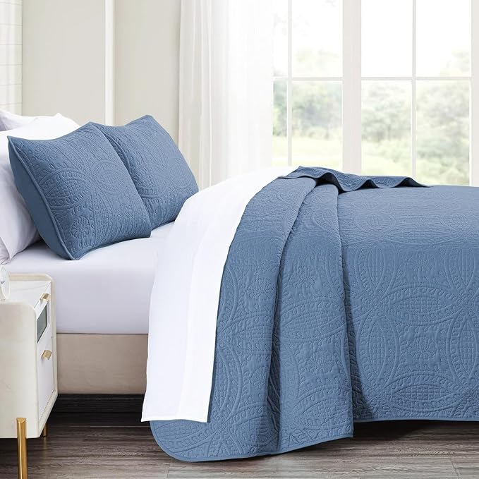 akkialla Twin Quilt Bedding Set,Bluish Grey Ultrasonic Quilt Set,Lightweight Soft Bedspread Coverlet,Modern Style Coin Pattern Bed Cover for All Seasons,2 Piece(1 Quilt,1 Pillow Sham)