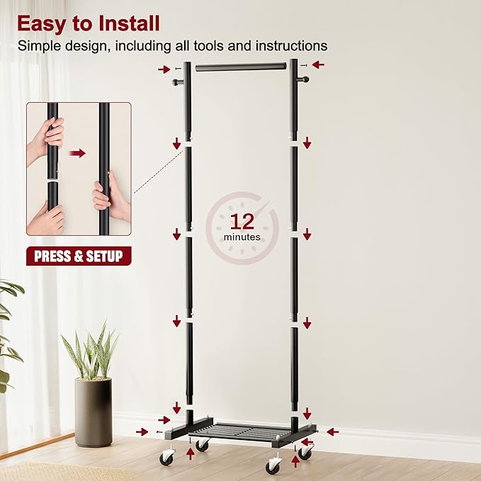 SLEEPING LAMB Small Clothes Racks for Hanging Clothes, Rolling Clothing Rack with Shelves, 60" Metal Garment Rack with Wheels Portable Wardrobe Rack for Small Space, Black