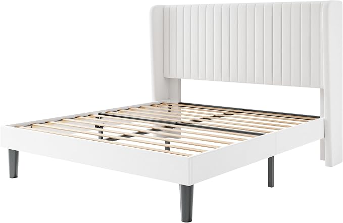 SHA CERLIN Full Size Velvet Bed Frame, Tufted Wingback Headboard, White | 47'' Modern Vertical Channel Headboard, Upholstered Platform Bed, Wood Slats, No Box Spring Needed, Easy Assembly, Noise Free