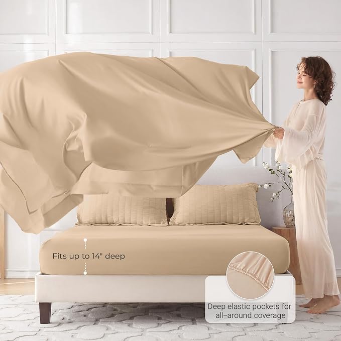 7 Pieces King Comforter Set, Seersucker Bed in a Bag King Size, All Season Luxury Bedding Set with Comforter, Flat Sheet, Fitted Sheet, Pillowcases & Shams, Khaki