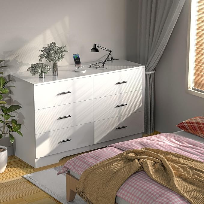 FJTJBSI Dresser with Power Outlets Wooden 6 Drawer Dresser with USB and Type C Port Chest of Drawers for Bedroom Tall White Storage Organizer for Living Room Hallway Closet