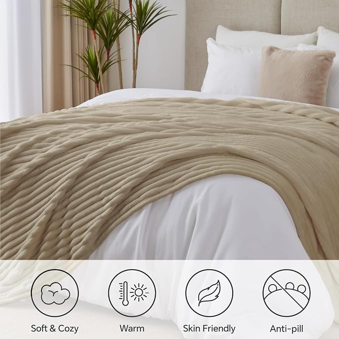 BEDELITE Ribbed Full Size Blanket for Bed, Linen, 84"x90" | Ultra-Soft Plush Fleece, Warm Yet Lightweight, Ribbed Texture, Home Decor, Machine Washable, Giftable, All-Season Use
