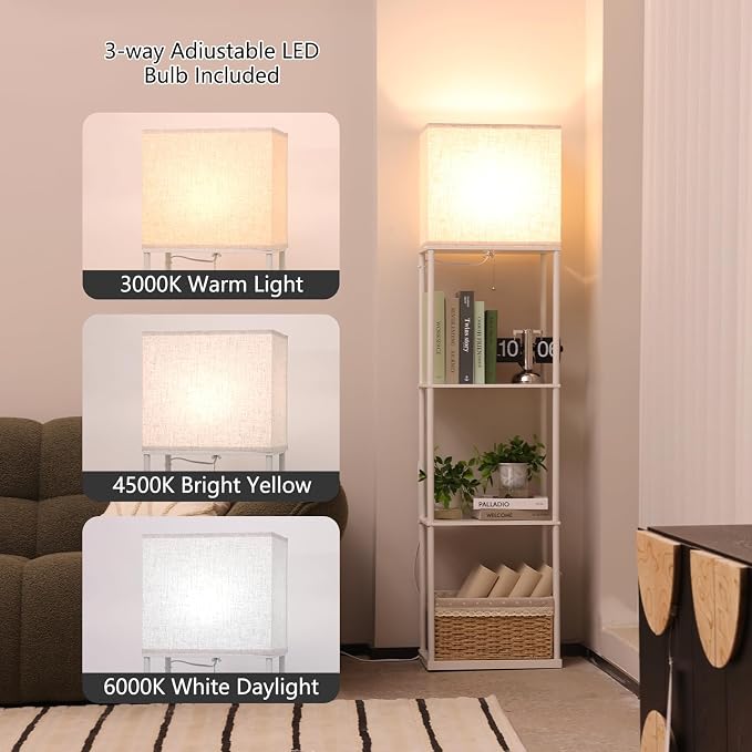 Gupuzm Floor Lamp with Shelves, Large Size Rectangle Standing Lamp with 3 Color Temperature Bulb, Corner Display Bookshelf Lamp for Living Room, Bedroom and Office（White-9W）