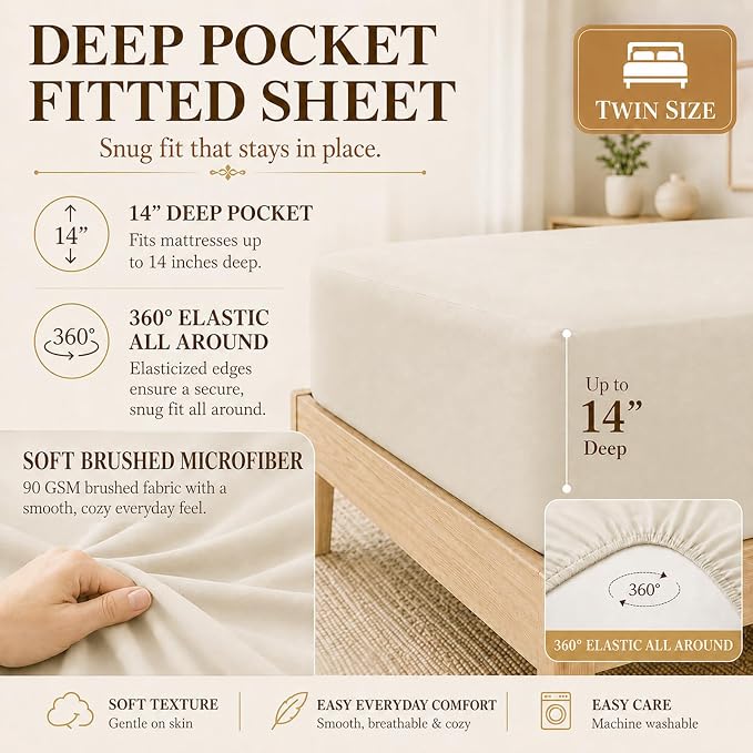 Twin Comforter Set Beige - 5 Pieces Complete Bedding Set | College Dorm Essentials, OEKO-TEX Certified, 240GSM Down-Alternative Comforter, 14" Deep-Pocket Sheets, Sham & Pillowcase