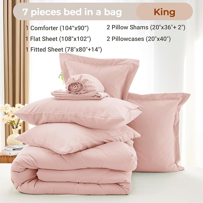 7 Pieces King Comforter Set, Soft Bed in a Bag King Size, All Season Bedding Set with Comforter, Flat Sheet, Fitted Sheet, Pillowcases & Shams, Pink