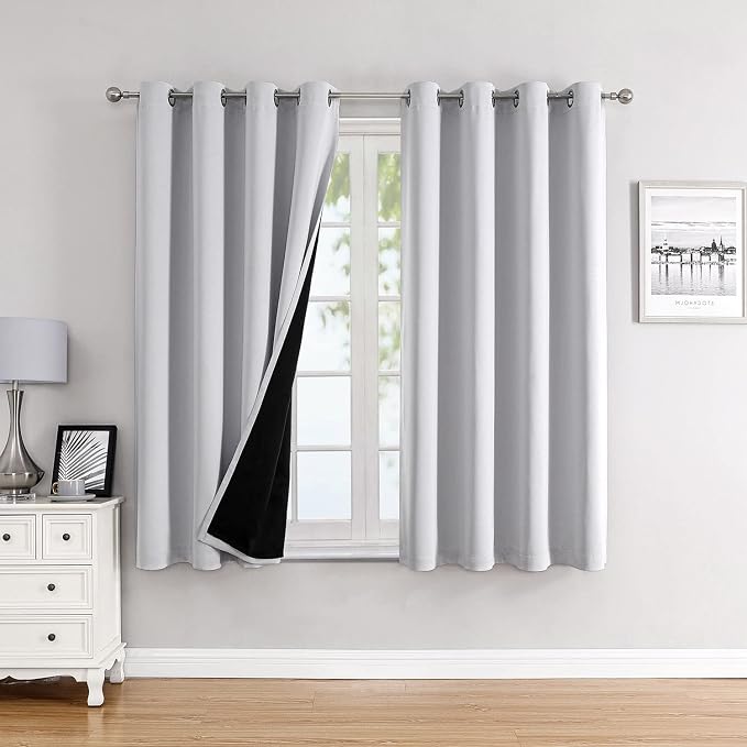 ChrisDowa 100% Blackout Curtains for Bedroom 63 Inches Long 2 Panels Set | 2 Thick Layers, Thermal Insulated, Light Blocking, Grommet, Window Treatment, Living Room Drapes, Greyish White, 52 x 63 Inch