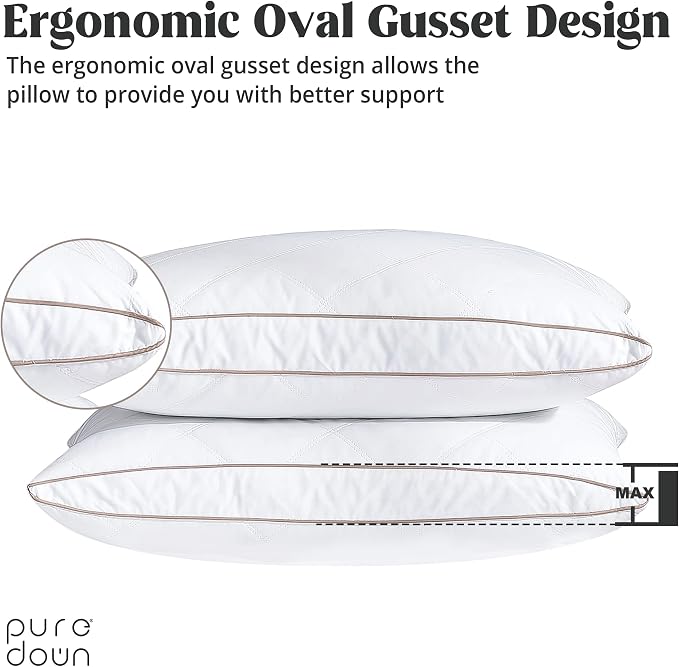 puredown® Natural Goose Down Feather Pillows for Sleeping Oval Gusseted Feather Down Pillow 100% Cotton Pillow Cover with Leaf Quilting Standard Set of 2