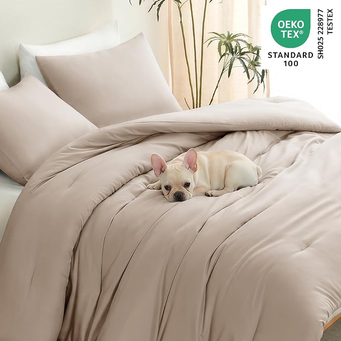 Queen Comforter Set, 3 Pieces Down Alternative Bedding, Wheat | 270 GSM All Season Comforter with 4 Corner Ties for Use as a Duvet Insert, OEKO-TEX Certified, 2 Pillowcases, 88 x 88 in