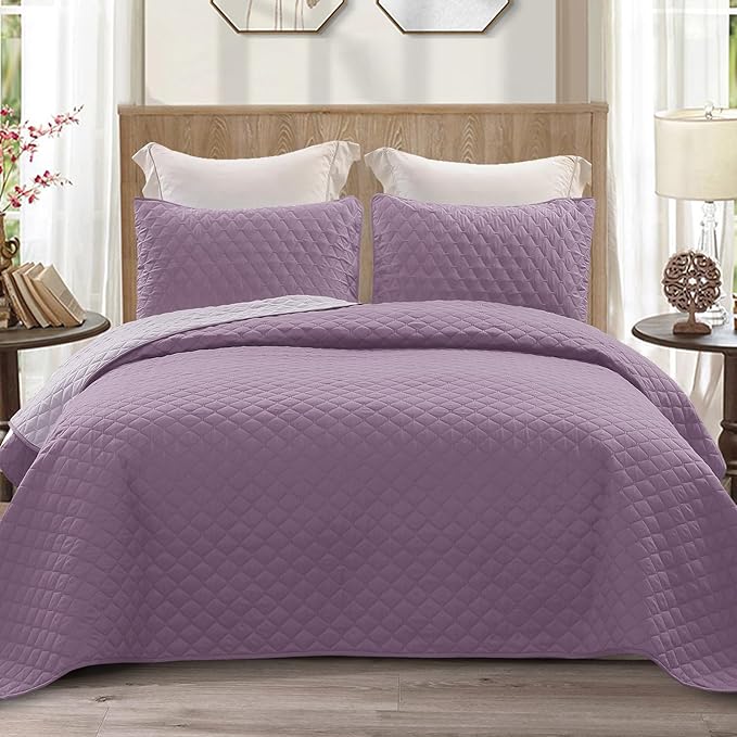 Exclusivo Mezcla Reversible King Size Quilt Bedding Set, Dusty Lavender | Lightweight Bedspreads with 2 Pillow Shams, Soft Microfiber, All Season Bed Coverlets for Bedroom Guest Room, 104x96 Inch