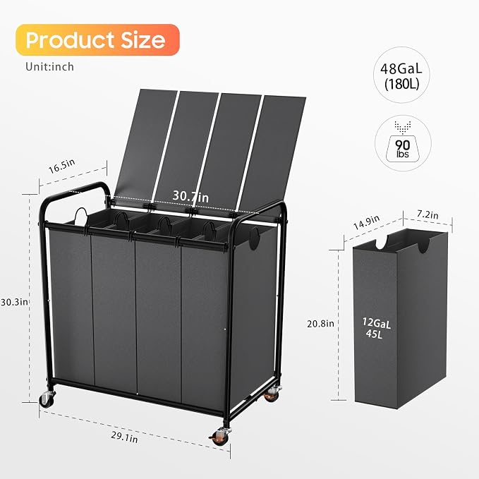 Laundry Sorter 4 Sections 48 Gal, Rolling Laundry Basket with Wheels ＆ Lid | Laundry Hamper, 4 Separated Removable Bags, Lockable Wheels, Dirty Clothes Hamper for Laundry Room Organizer, Grey